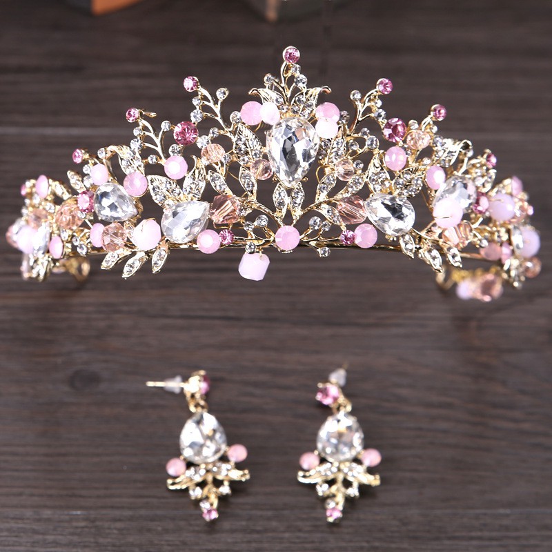 Deartiara Set Bando Tiara Handmade+Anting Tusuk Desain Kristal Warna Emas Pink Untuk Wedding