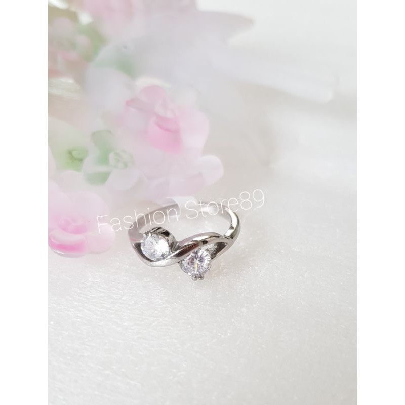 Cincin Titanium silver Double permata elegant cincin nikah halal impor titanium white 2permata putih