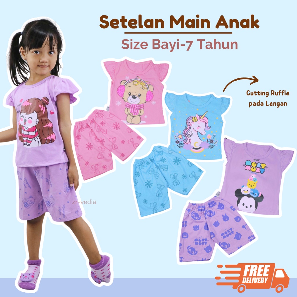 RUFFLE TEE Set Poo uk 0-7 Tahun / Setelan Karakter Import Bayi Anak Perempuan Baju Tidur Balita Baby