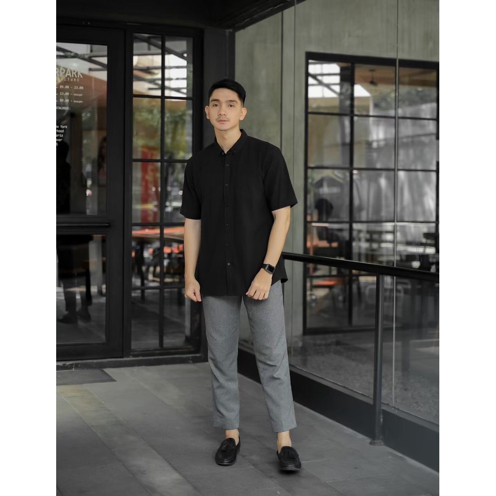 NESS kemeja katun linen lengan pendek kemeja pria lengan pendek kemeja katun kemeja pendek pria kemeja pendek kerja atasan pria bahan katun kemeja linen pria 03 HITAM