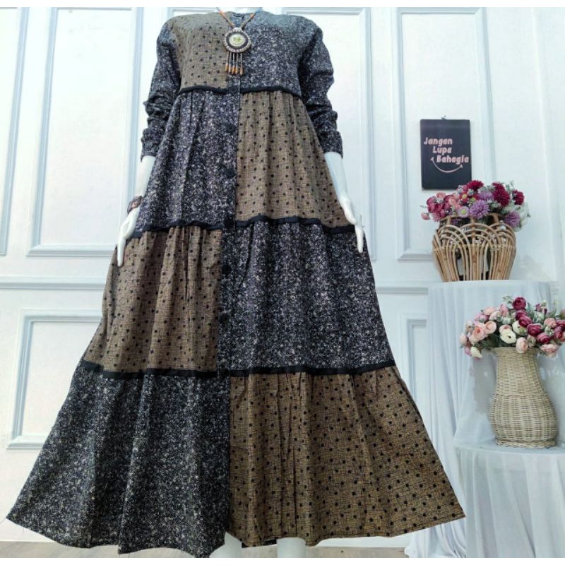 Dress line polka / Gamis polka salur kancing hidup / dress linen kancing by shafira ld 105