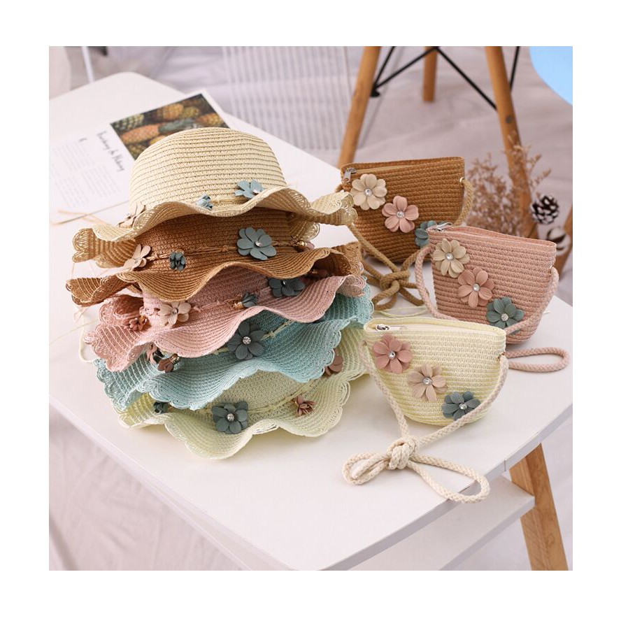 Topi Anak Pantai paketan set Tas Pantai Anak Bunga Import Pathos-2