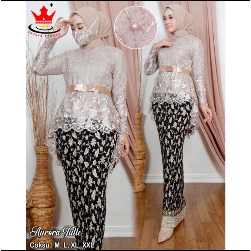 Atasan dan Setelan Kebaya Aurora Lesty Pita Di Pinggang Gliter Mutiara Mewah / Baju Brokat tille Pes
