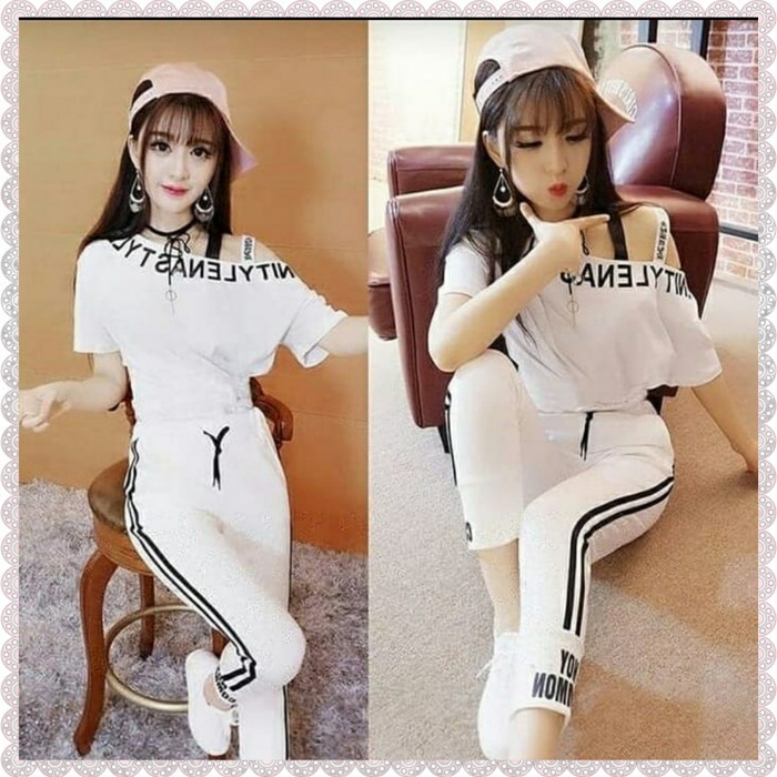 V243 Setelan Cewek Cantik Set Baju Celana Stripe Putih Hitam Cewek Kece Jogging/Senam All Size Fit L