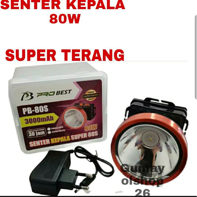 Senter Kepala Cas 80W Super Terang / Senter Kepala Pro best PB - 80S 3000mAh / Headlamp Led 80W