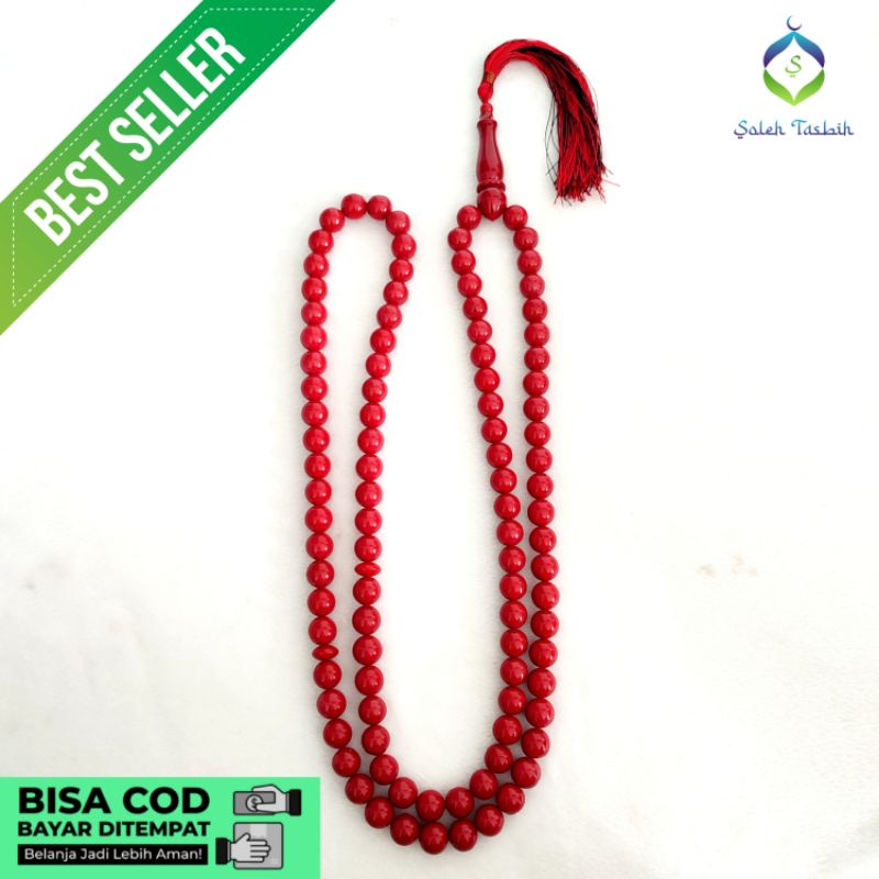 Tasbih Red Coral Marjan Merah Asli, Size 12mm Motif Kepala Panjang!! Tasbih 99 Butir