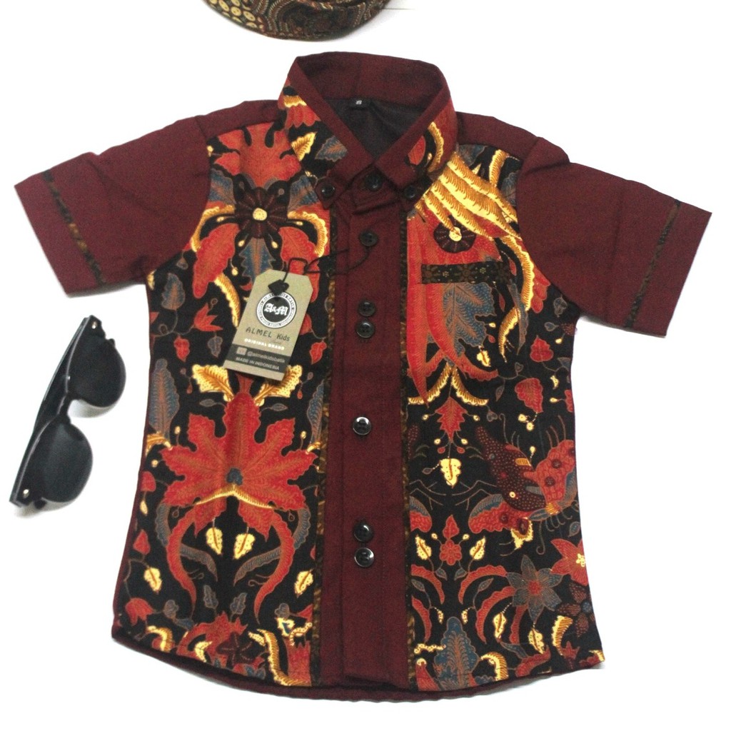 Kemeja Batik Anak Lengan Pendek Kombinasi Warna Merah Marun Baju Batik Anak Slimfit Batik Modern Shopee Indonesia