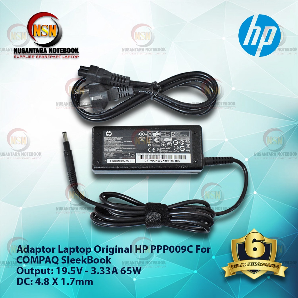 Adaptor Charger HP COMPAQ SleekBook 19.5V 3.33A 65W DC 4.8 X 1.7mm