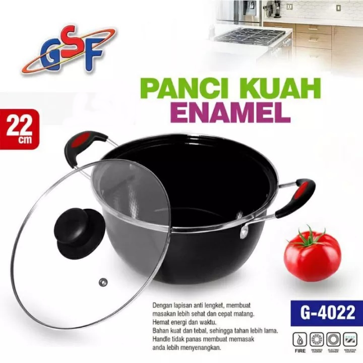 PANCI KUWAH ENAMEL GSF 22 CM TUTUP FULL KACA / PANCI ENAMEL / PANCI TUTUP KACA ANTI LENGKET / PANCI SERBAGUNA / PANCI SET