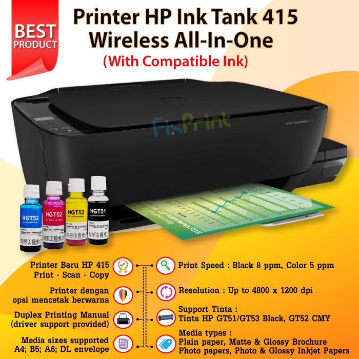 Printer 415 Werless Ink Tank All In One A4 With Tinta GT53 Gt52 Baru