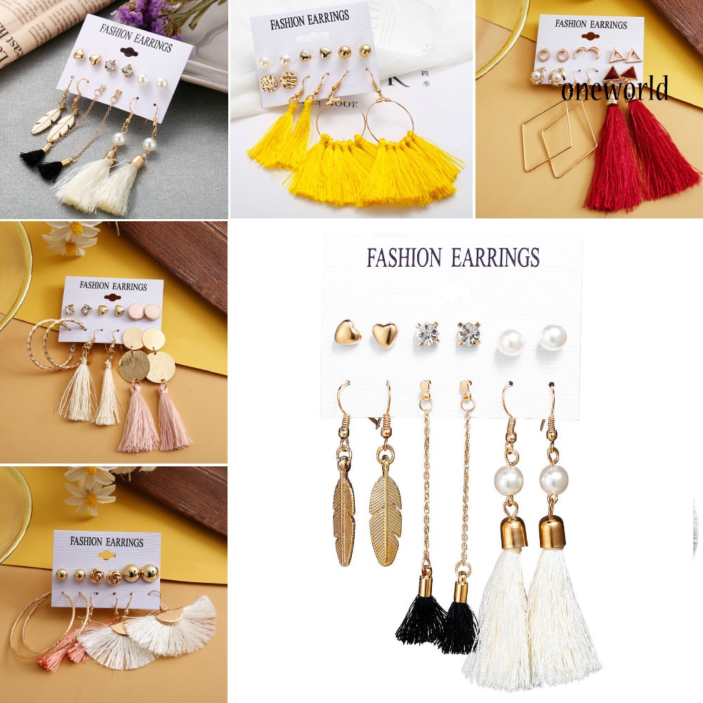 OW@ 6Pcs/Set Bohemia Women Tassel Hook Earrings Ear Stud Set Jewelry Accessories