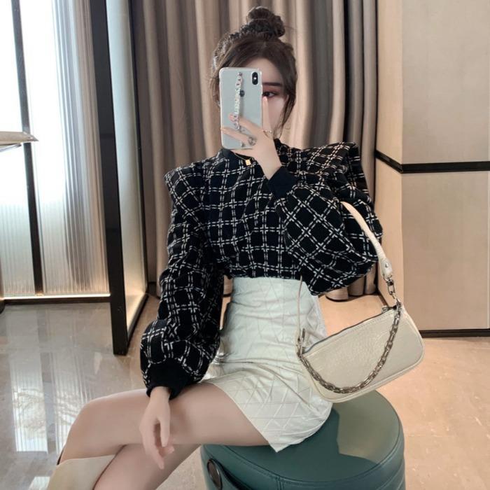 Suhao Musim Semi dan Musim Gugur Vintage Kotak-kotak longgar Frils Splice Shirt Top Wrap Hip A-line Rok Wanita Gaya Barat Set