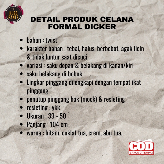 Celana Kantor Formal Jumbo Big Size Pria Bahan Twist Tebal Hitam Abu Navi Pria Merk Dicker