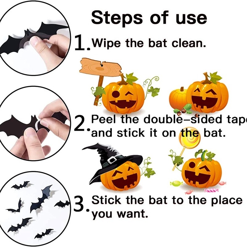 12pcs / Set Stiker Dinding Decal Desain Kelelawar Labu 3D Model Anti-Air Untuk Halloween