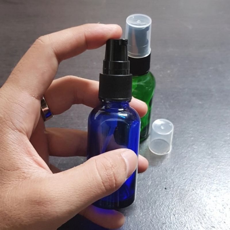 botol kaca 30ml pump hitam / botol kaca 30ml biru/hijau treatment pump