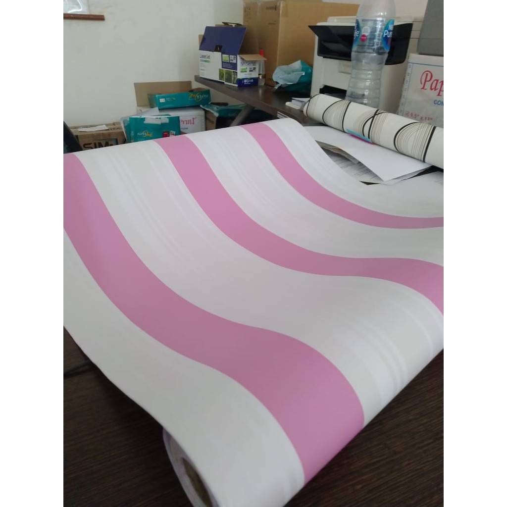 Wallpaper Sticker Motif Garis Pink Putih 5356 / Wallpaper New 2020 / Ukuran 9mx45cm