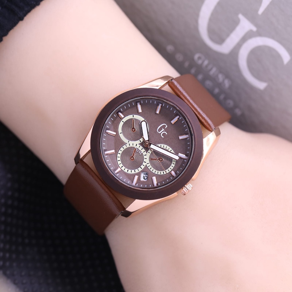 JAM TANGAN FASHION WANITA GC 8709 TL TANGGAL AKTIF TALI KULIT FREE BOX ORIGINAL & BATERAI