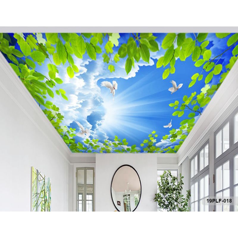 Wallpaper 3D Custom Plafon Awan Biru Daun Hijau Merpati Putih (19PLF-080)
