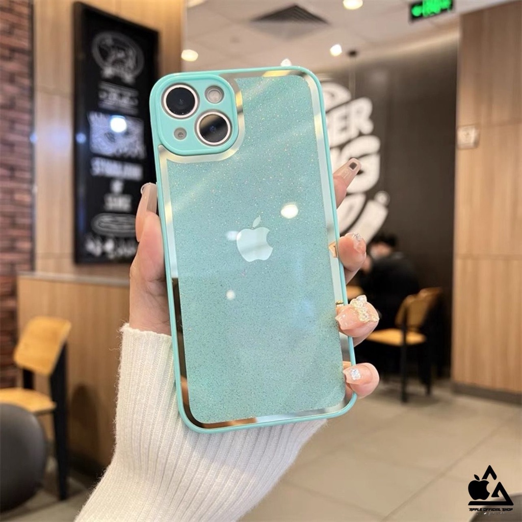 Glass Case Candy Gliter List Chrome iPhone 13 PRO MAX 12 PRO MAX Mini 11 PRO MAX XR XS MAX 7 7+ 8 8+ SE 2 3 TEMPERED GLASS CASE List Gold SOFTCASE SILIKON CANDY MEWAH