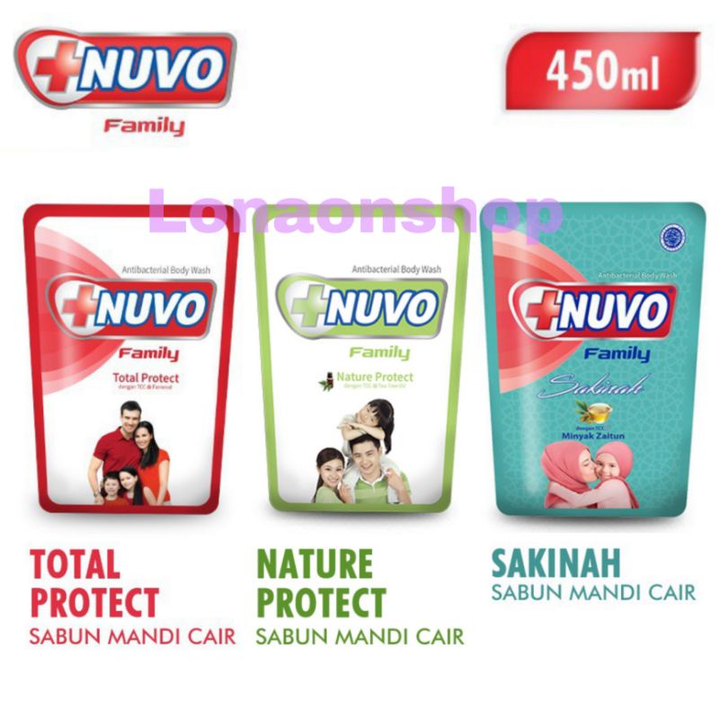 Nuvo Sabun Mandi Cair 450ml  Antibacterial Body Wash  nature protect / total protect / sakinah minya