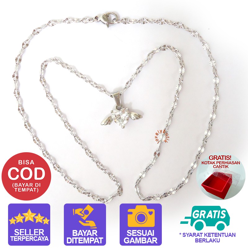 Lovelybutik Kalung Titanium Anti Karat Luci4 Kalung Wanita + Liontin Love W1ng Cristal BONUS KOTAK