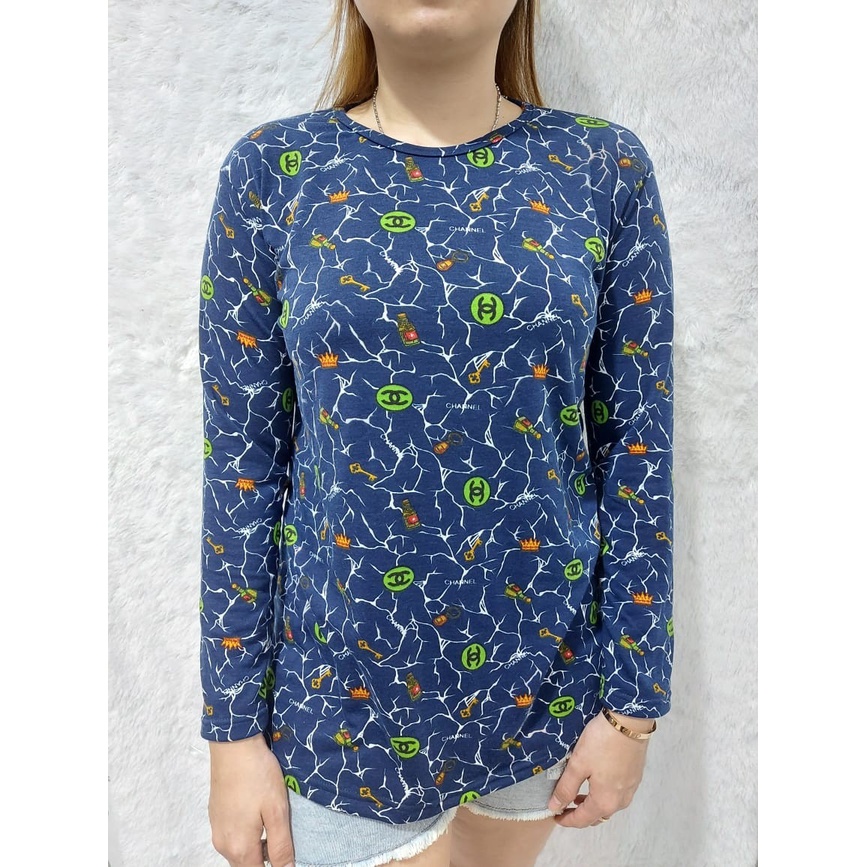 Kaos Atasan Wanita Lengan Panjang Motif Chanel - Navy, all size