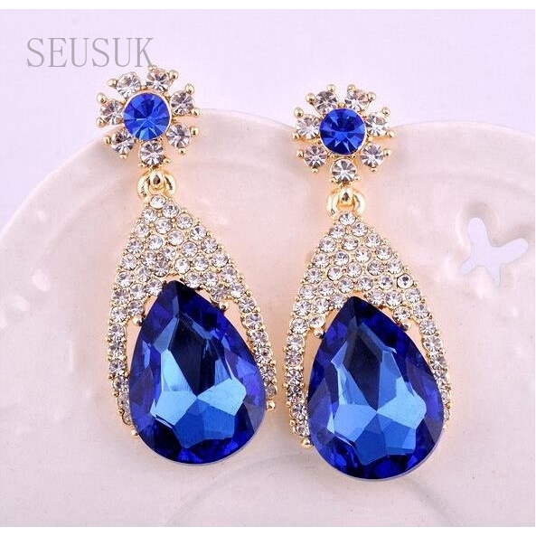 SEUSUK  Fashion Blue Large Crystal Vintage Pendant Earrings Female Dangle Earrings Sapphire Jewelry