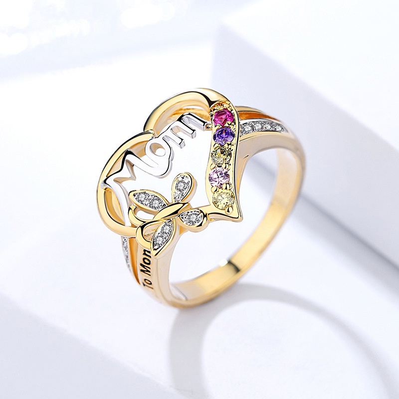 Cincin Emas 14k Desain Kupu-Kupu Hati Hollow Hias Berlian Untuk Hadiah Hari Ibu