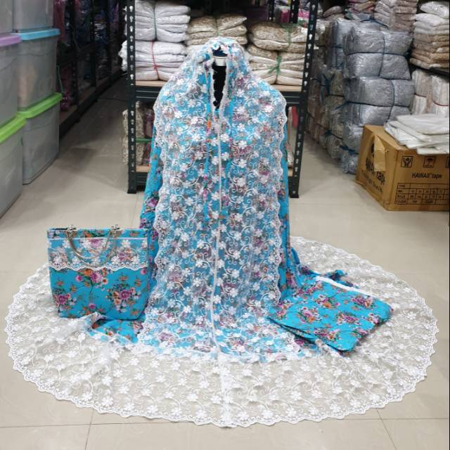 Mukena prada princess katun rayon motif | biru | tas behel