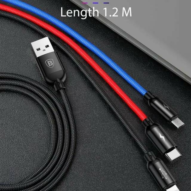 KABEL DATA BAESUS PRIMARY COLORS 3IN1 MICRO + LIGHTNING + TYPE - C  3.5A