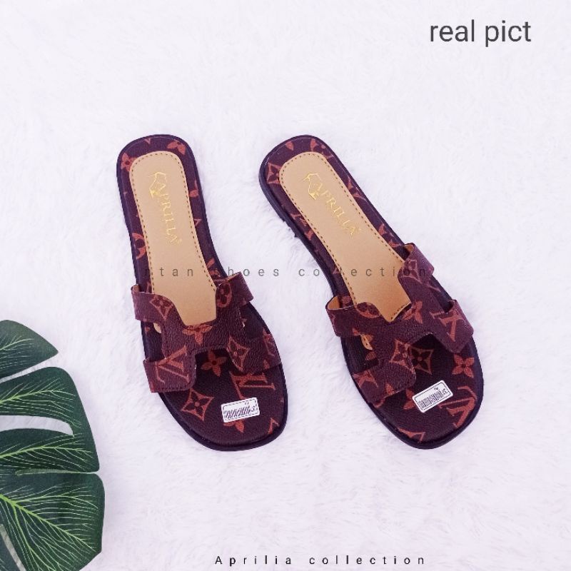 Sandal teplek selop remaja motif lv /sendal selop wanita ermes H motif LV/sandal teplek wanita remaja murah bisa cod