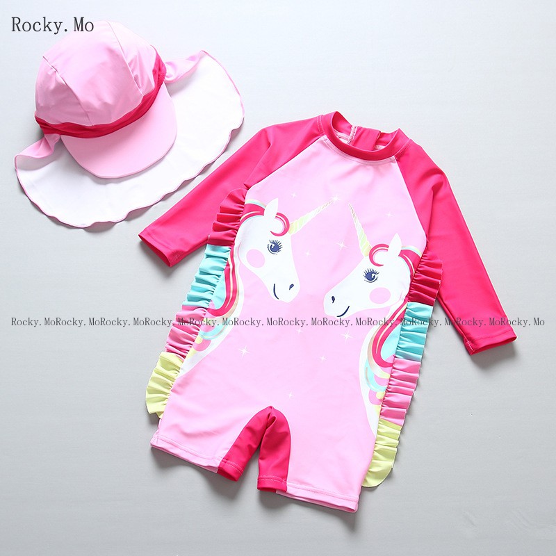 Baju Renang One Piece Siamese Anak Perempuan Desain Kartun Unicorn Warna Pink