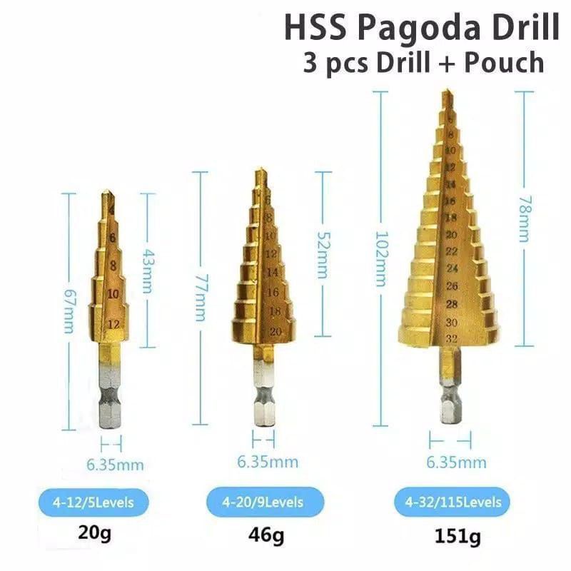 5 / 3 Pcs Mata Bor Pagoda HSS Cobalt Multiple Spiral Step Cone Drill Down Titanium Besi Plastik Kayu