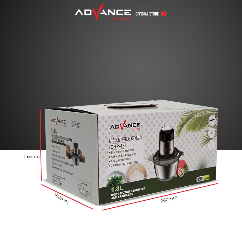 Advance Food Chopper Blender Daging Penggiling Daging Listrik  Gelas Kaca CHP 18 1.8 Liter