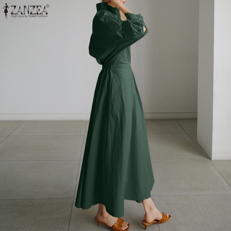 ZANZEA Women Long Sleeve Turn-Down-Collar Solid Color High Waist Casual Maxi Dress