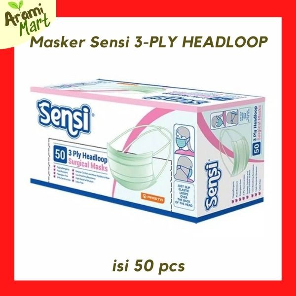 Masker SENSI Hijab Headloop / Masker Medis SENSI 3Ply 1 BOX 50 Pcs