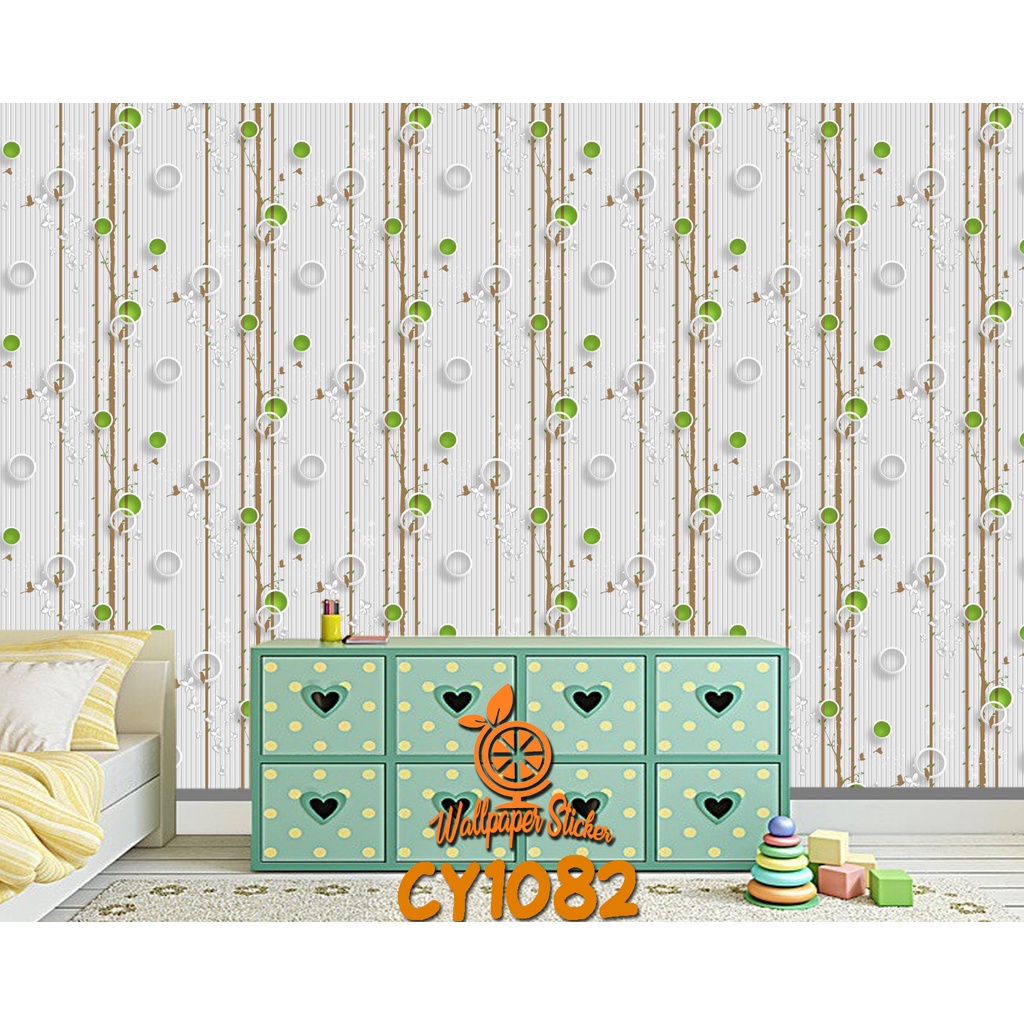 WALLPAPER STIKER DINDING (ISI 5ROLL) WALLPAPER RUANG TAMU KAMAR TIDUR 3D MOTIF POLKADOT HIJAU CY1082 - BELI 4 GRATIS 1