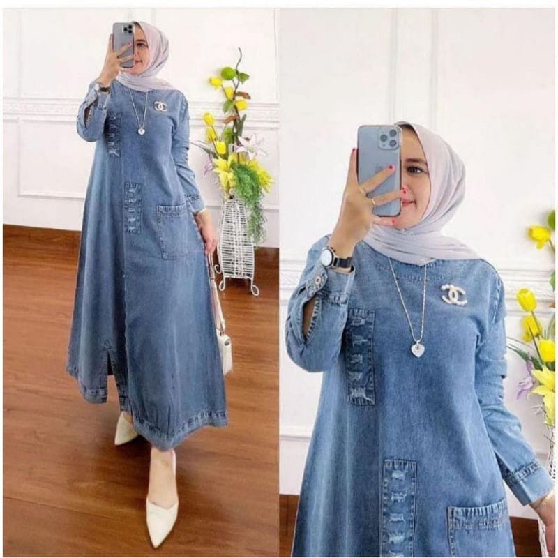 Gaitsha Midi Dress Muslim Gamis Jumbo Jeans Premium Baju Wanita Terbaru Ootd Kekinian Gamis Modern Outfit Wanita