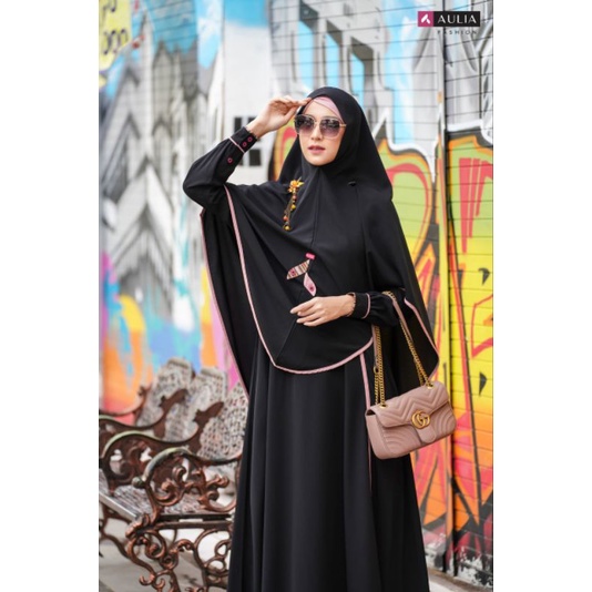 Set Gamis Silvana Black Pink Ori By Aulia Busui friendly Wudhu Friendly, Bisa COD