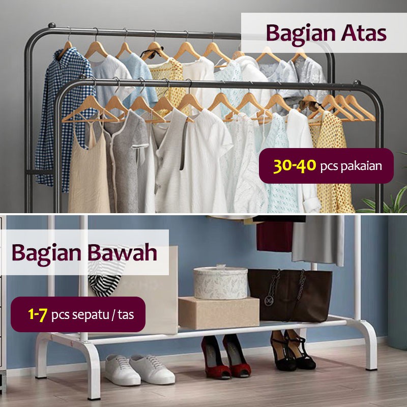 Hanger Gawang Besi Kuat Putih Hitam Butik Display Gawangan Gantungan Baju BESI KOKOH Stand Cloth Double Rack Gawang Baju Stand Cloth Hanger Double Gantungan Baju Stand Hanger rumah_kita2020