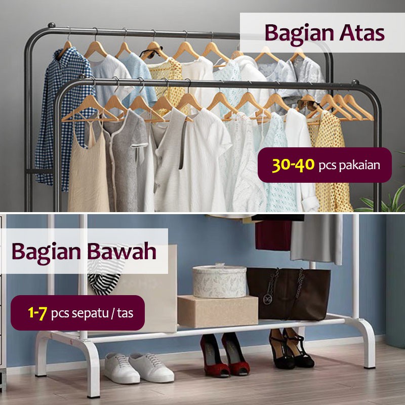 Stand Hanger Gawang Besi Kuat Putih Hitam Butik Display Gawangan Gantungan Baju BESI KOKOH Stand Cloth Double Rack Gawang Baju Stand Cloth Hanger Double Gantungan Baju Stand Hanger Gawang Double Rack BISA COD