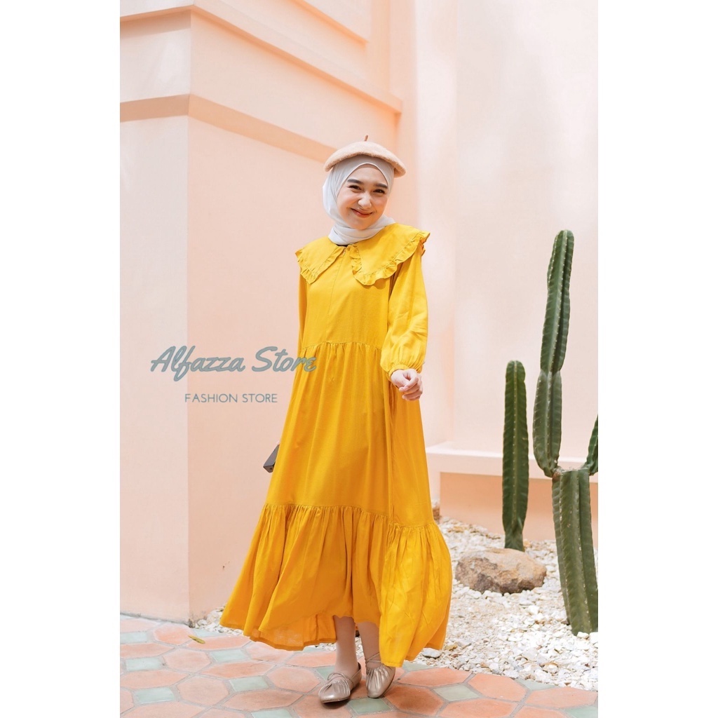 ALFAZZA STORE - NISA MIDI - MIDI DRESS - TERBARU - KERAH KUPU-KUPU - BIG SIZE - ALL SIZE - L - XL - FASHION WANITA - TERBARU - RAYON PREMIUM -  Dress Menyusui Motif Polos Rayon Crinkle Pakaian Muslim Wanita