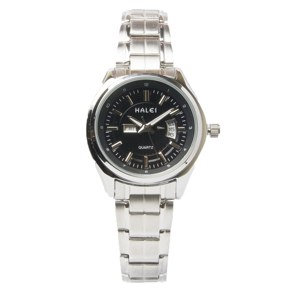 Jam Tangan Wanita Keren Anti Air Halei Original 8010 Rantai Silver Plat Hitam, Murah Meriah