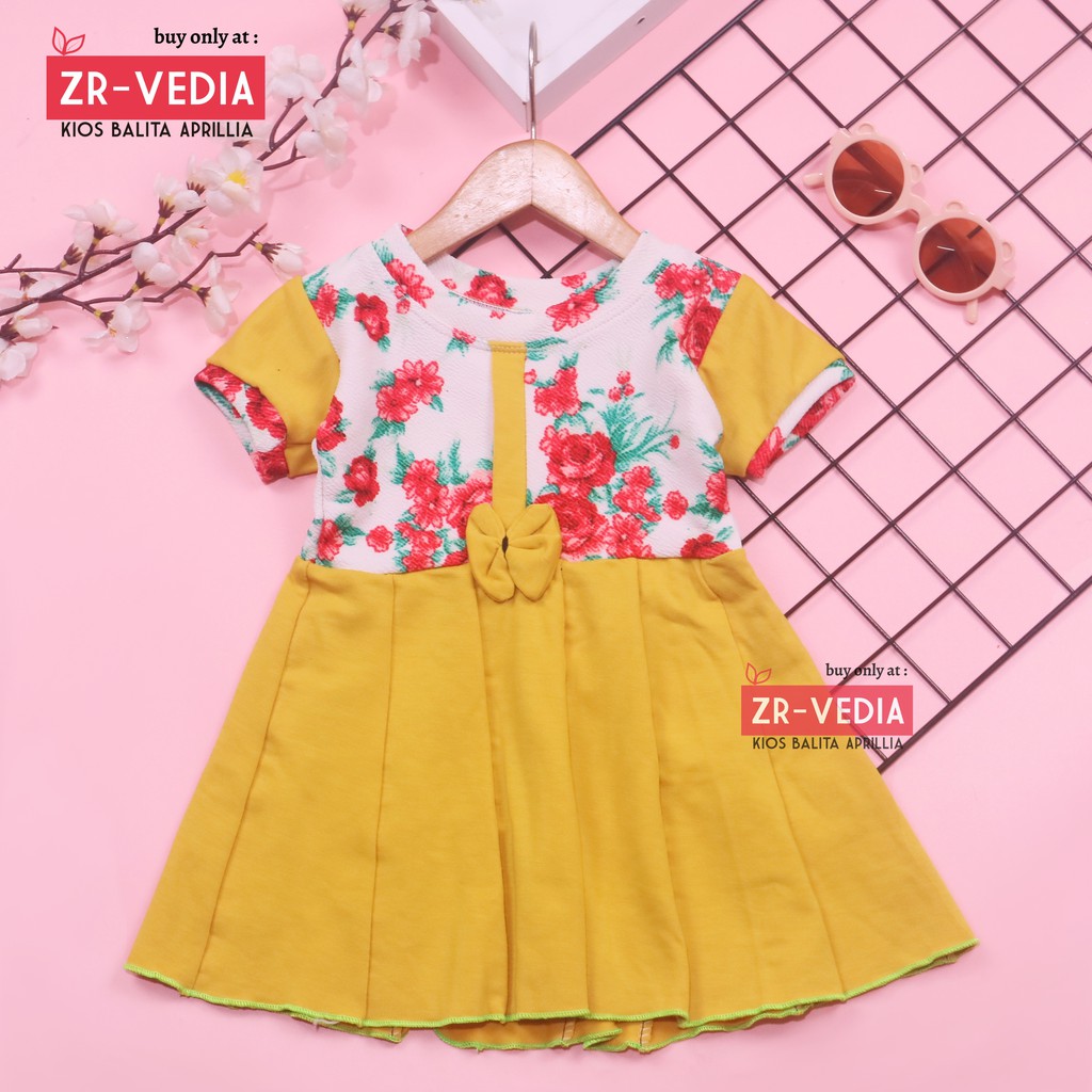 Dress Jasmine size 0-12 Bulan / Dres Bayi Baby Anak Perempuan Baju Lengan Adem Pita Motif Polos ZR-Vedia