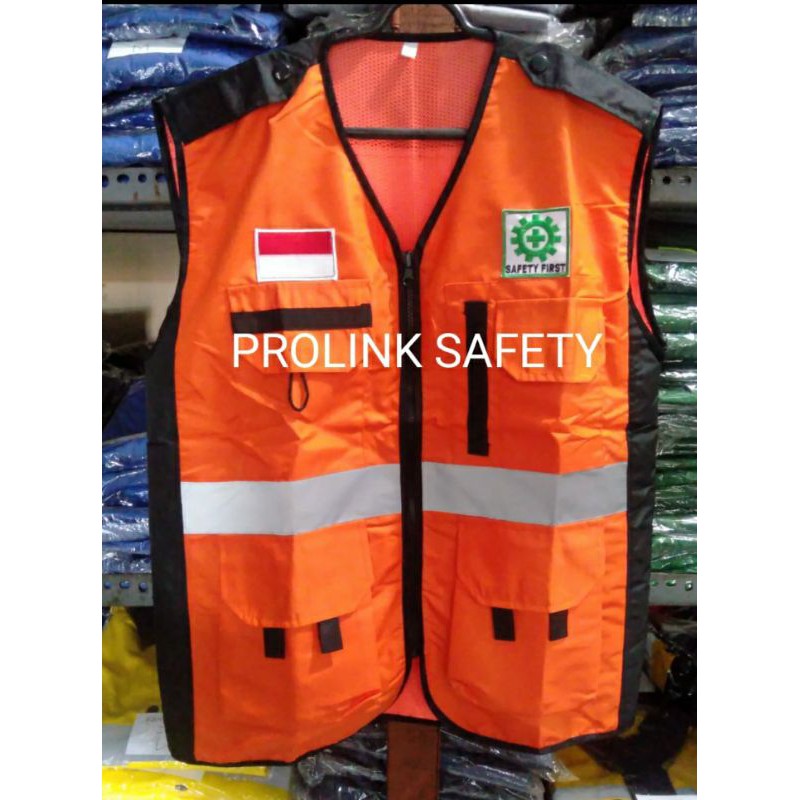 ROMPI SAFETY BAHAN FULL TASLAN ORANYE HITAM FREE LOGO K3 BENDERA