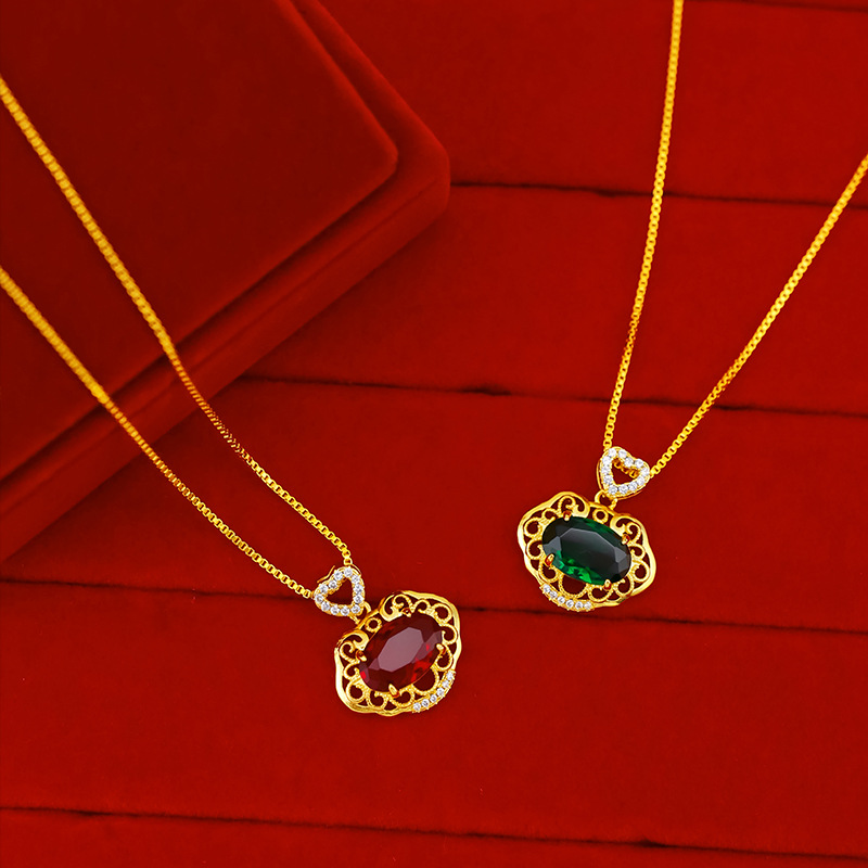 Kalung Liontin Giok Berlian Imitasi Zircon 18K Gaya Etnik Untuk Wanita