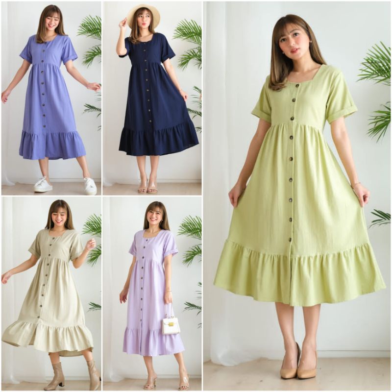 ⚡️CLEARANCE SALE ♡ PREMIUM ♡ ORIGINAL ! ELLEANORE VINTAGE BUTTON SQUARE NECK BOTTOM RUFFLE MIDI  DRESS ( BUSUI FRIENDLY )