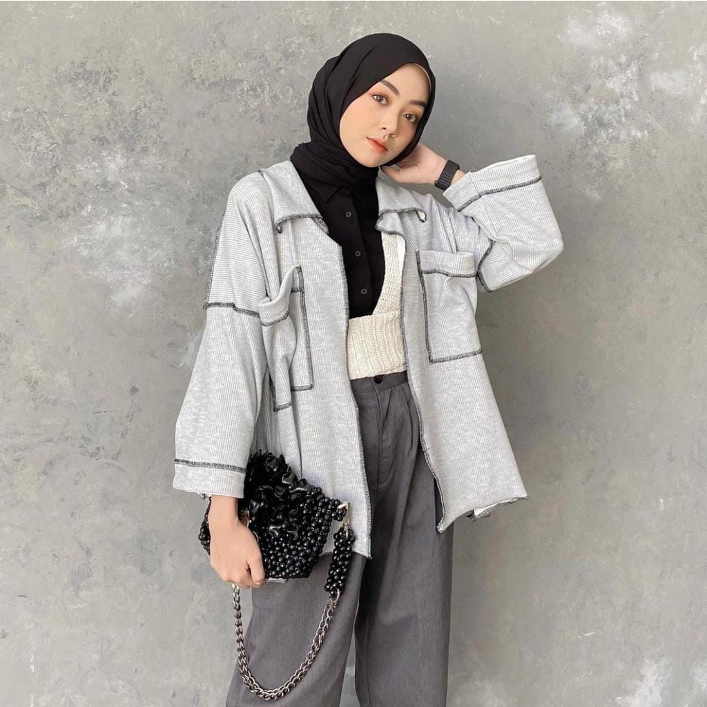 Fashion Wanita Muslim Model Hijab Miku Cardigan Grey