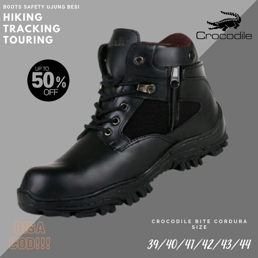 Sepatu Sefty Pria Crocodile Bite Cordura Sleting Hitam Boots Safety Ujung Besi Kerja Outdoor Cowok