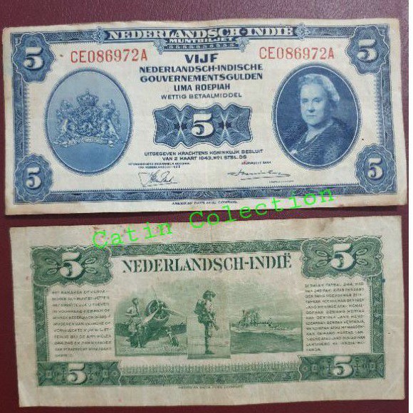 Uang Kuno Seri Nica 5 Gulden 1943 VIJF Nederlandsch-Indie Lima Roepiah kondisi bekas / terpakai